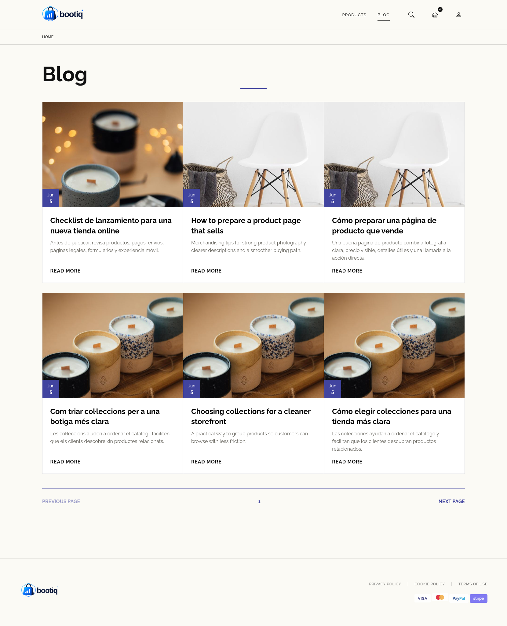 Bootiq ecommerce blog listing with editorial cards