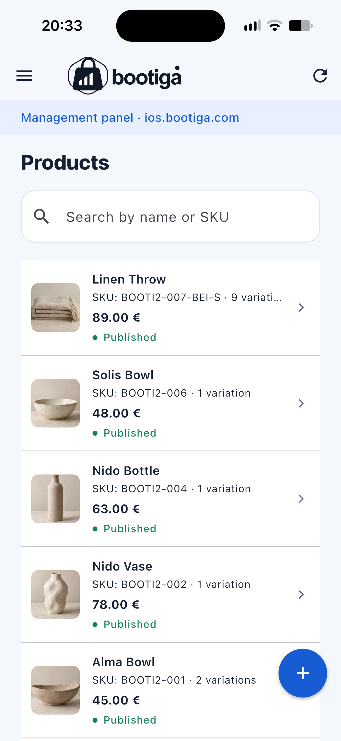 Bootiga app showing the product catalog