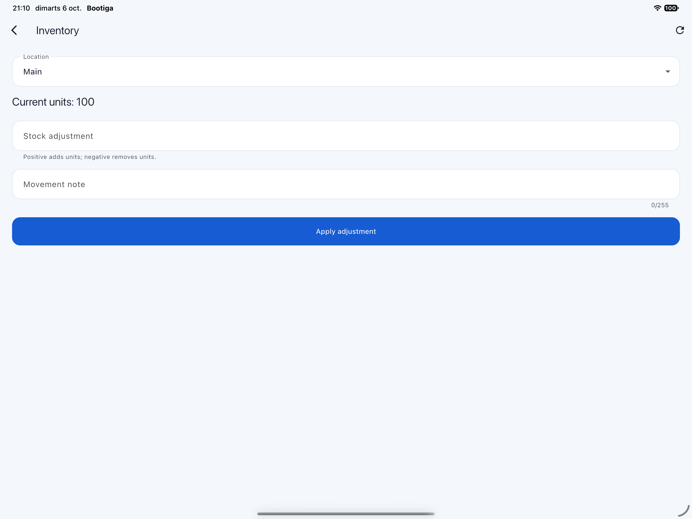 Adjusting product stock in the Bootiga app