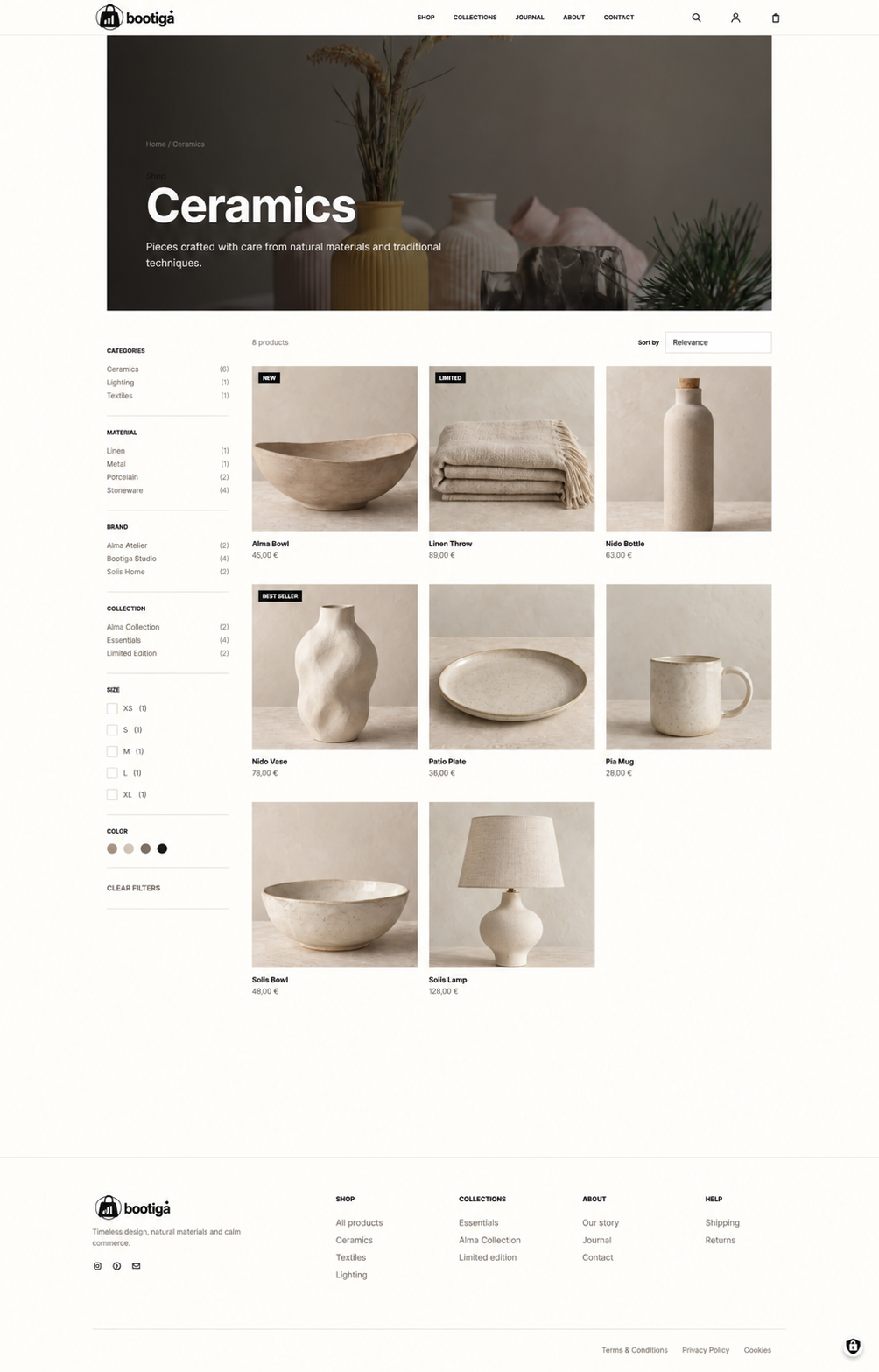 Catálogo de productos de Bootiga Minimal con filtros y productos de cerámica