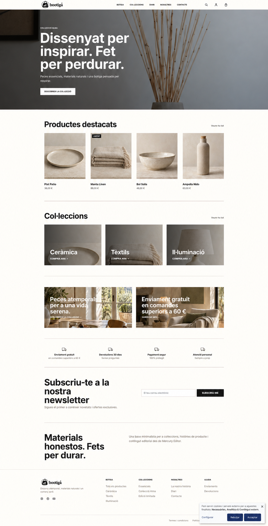Catàleg de productes de Bootiga Minimal amb filtres i productes de ceràmica